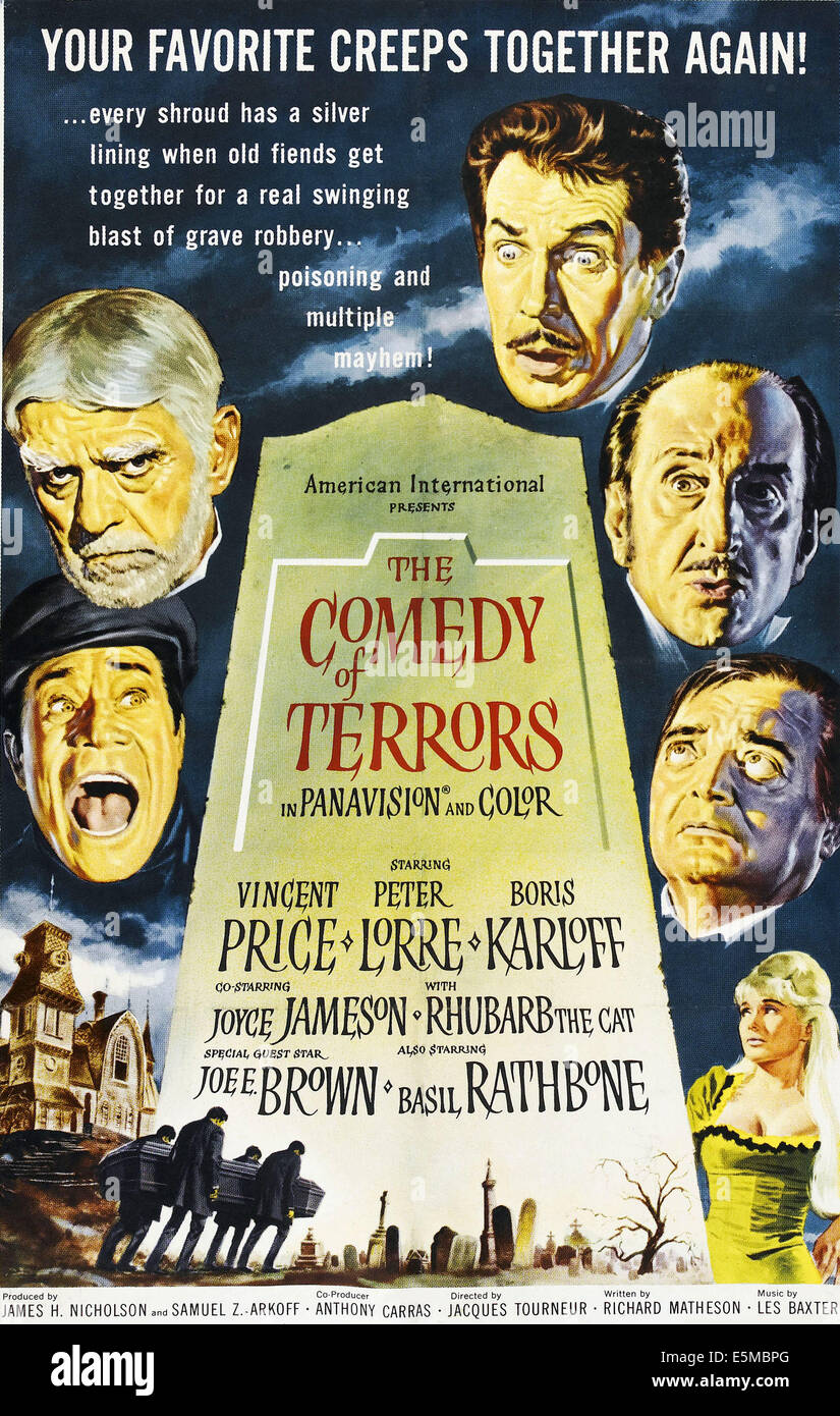 La comedia de terror, en el sentido de las agujas del reloj desde mediados de izquierda: Joe E. Brown, Boris Karloff, Vincent Price, Basil Rathbone, Peter Lorre, Joyce Foto de stock