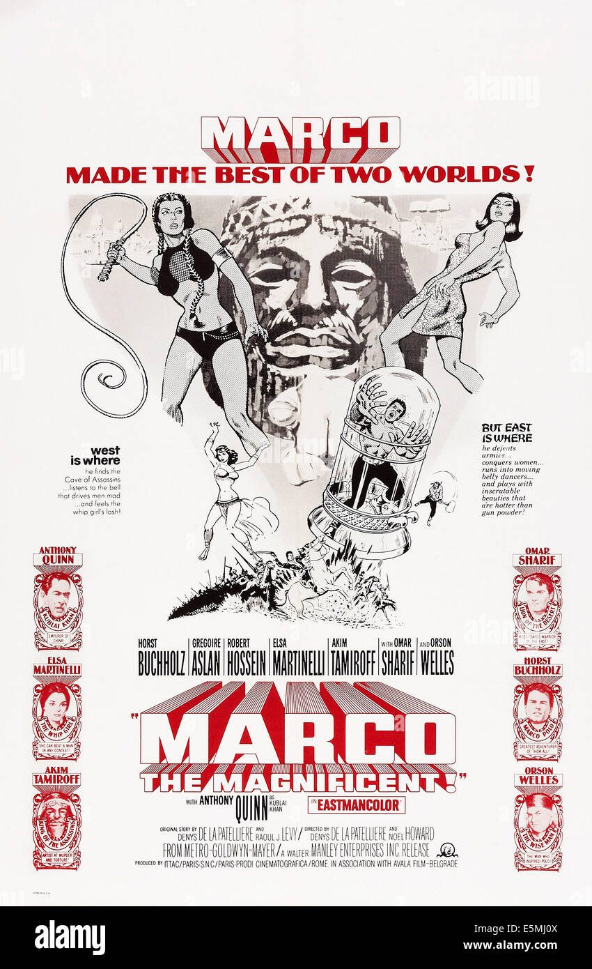 MARCO La magnífica, (aka LA FABULEUSE AVENTURE DE MARCO POLO), nosotros cartel, en la parte inferior izquierda de la parte superior: Anthony Quinn como Kublai Foto de stock
