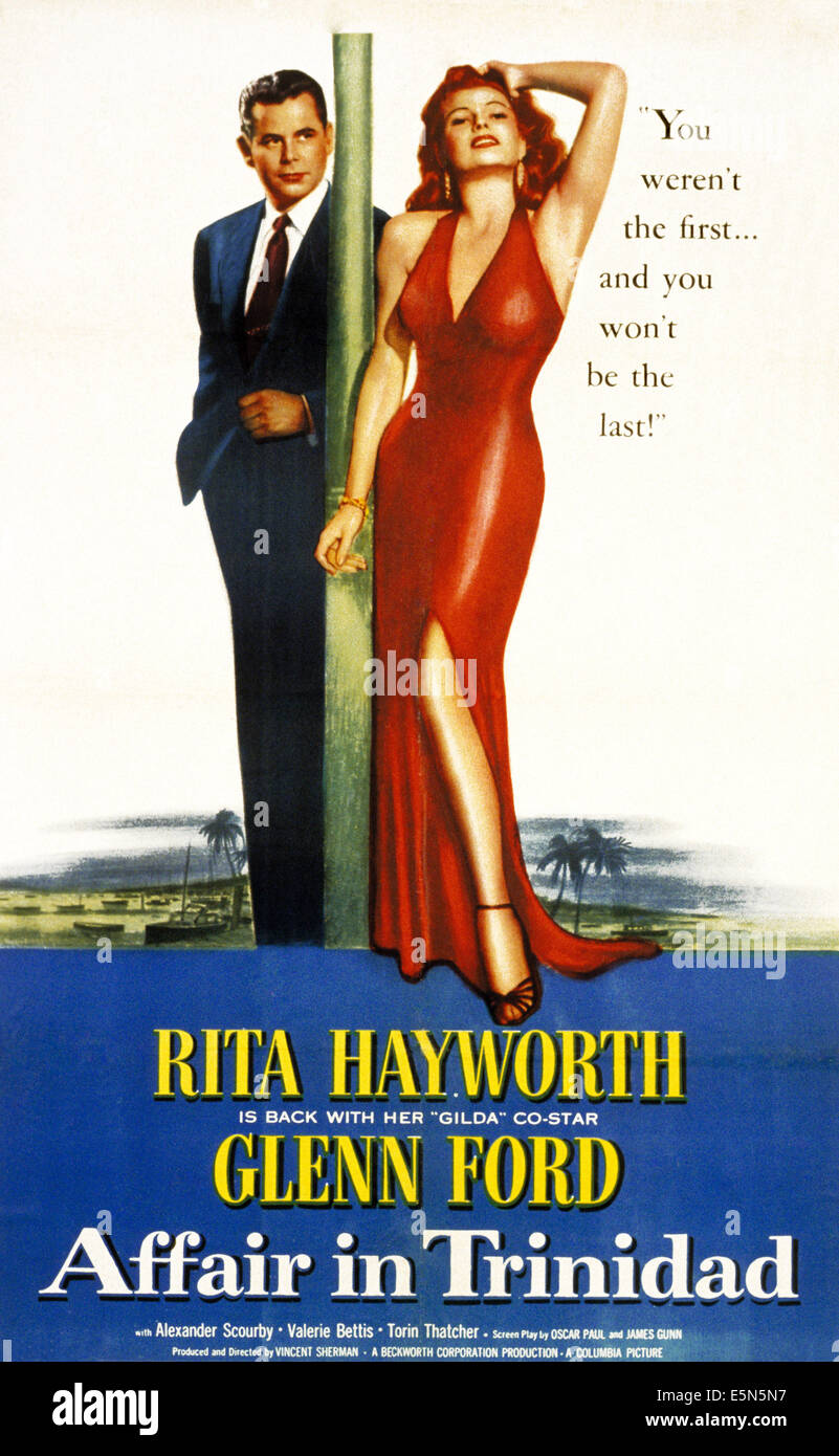 Asunto EN TRINIDAD, Poster Arte, Glenn Ford, Rita Hayworth, 1952 Foto de stock