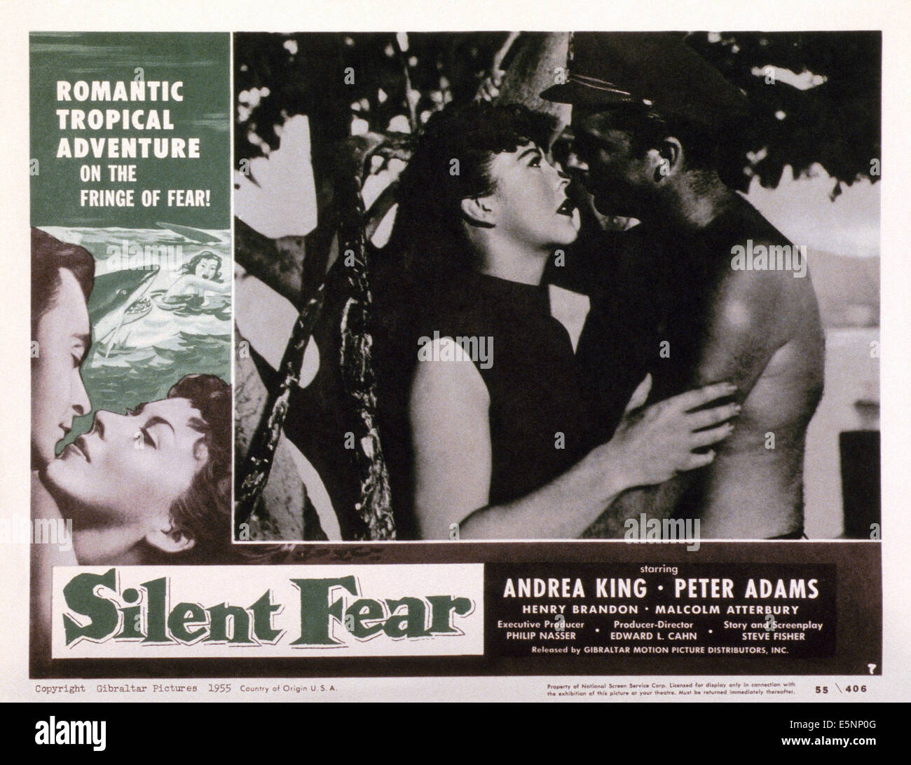 Miedo, nosotros lobbycard silenciosa, de izquierda a derecha: Andrea Rey, Peter Adams, 1956 Foto de stock