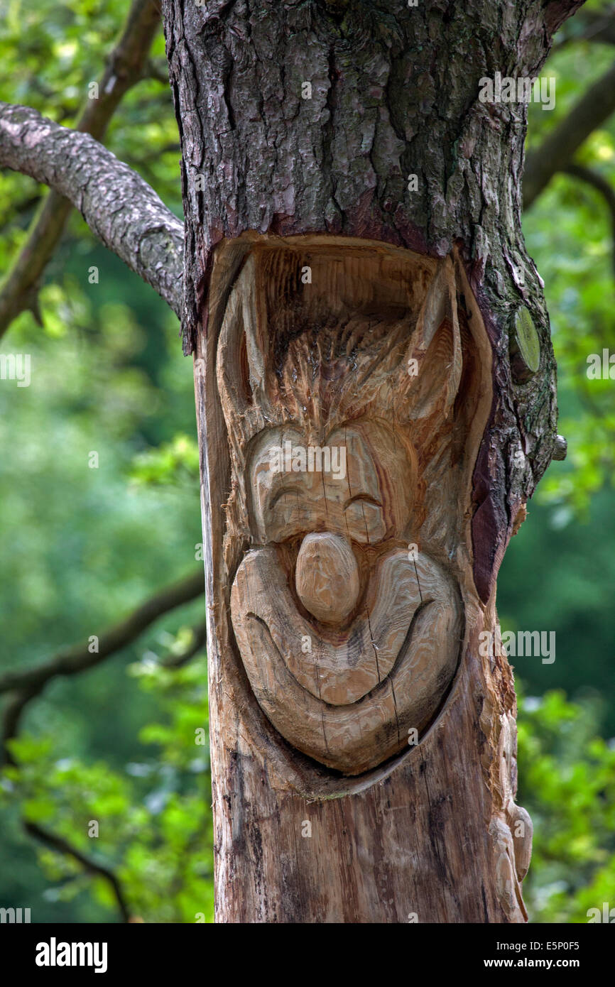 Esculpida cara divertida en tronco de árbol Foto de stock