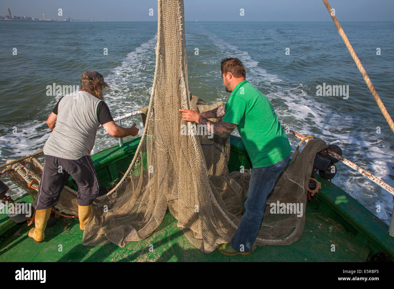 Los pescadores preparando red de pesca a bordo del barco de pesca de camarones camarones en el Mar del Norte Foto de stock