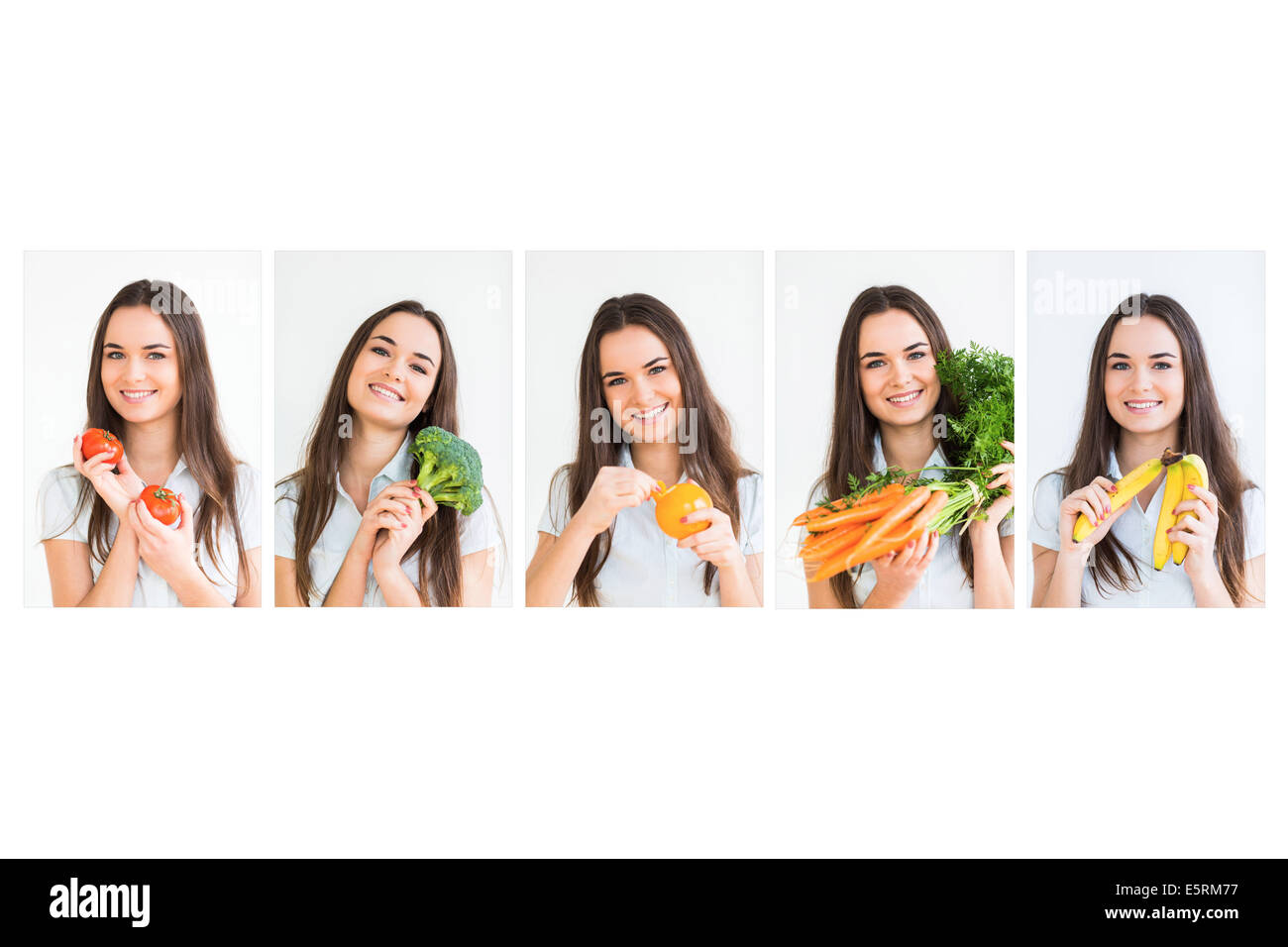 Ilustración de comer cinco frutas y verduras por día, según lo recomendado por el Programa Nacional de Salud y Nutrición (PNNHP). Foto de stock