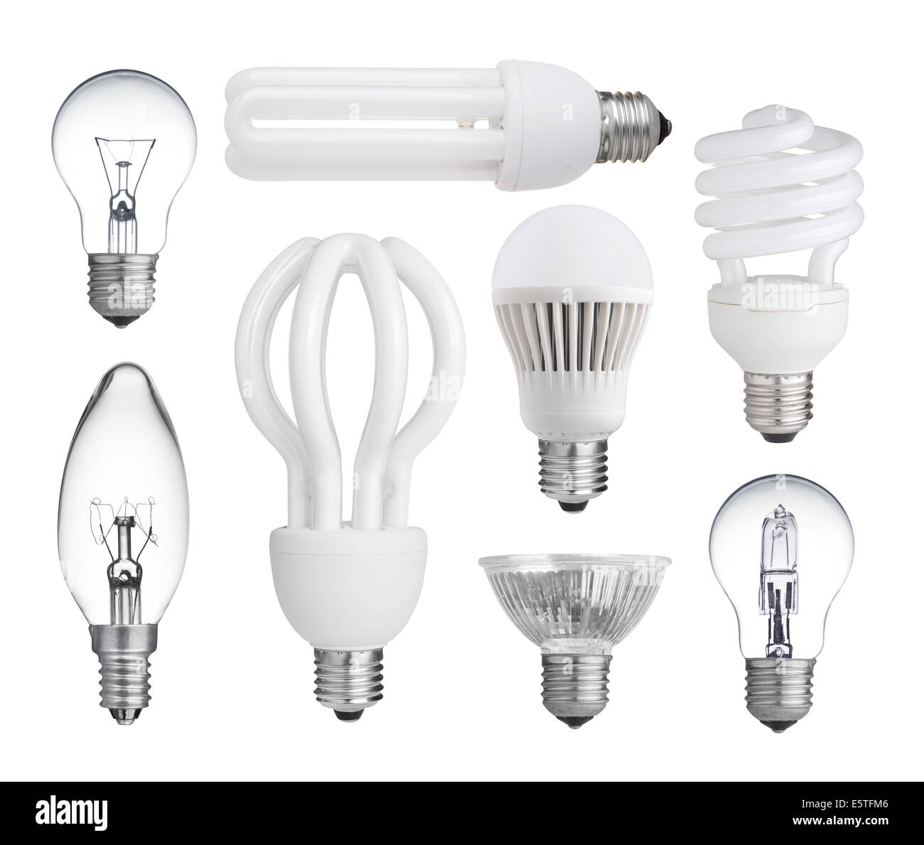 Conjunto de lámparas incandescentes, halógenas, fluorescentes compactas,  bombillas LED aislado sobre fondo blanco Fotografía de stock - Alamy
