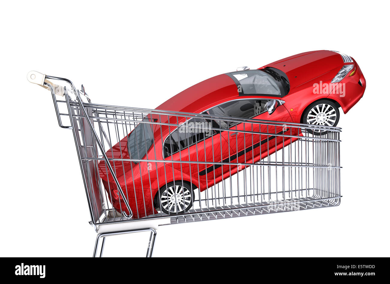 El carro del supermercado con coche sedán rojo dentro de él. Vista lateral, sobre un fondo blanco. Foto de stock