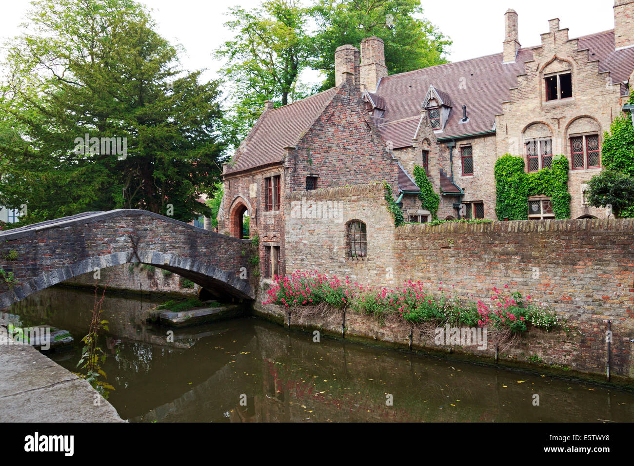Casas junto a los canales de Brujas, Bélgica Foto de stock