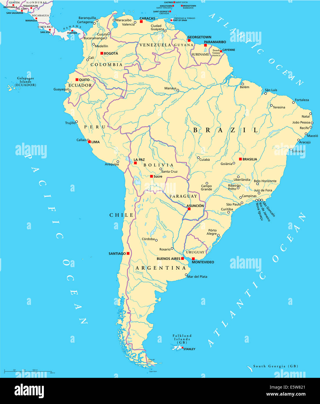 Mapa político de América del Sur con los Estados únicos, capitales, ciudades importantes, las