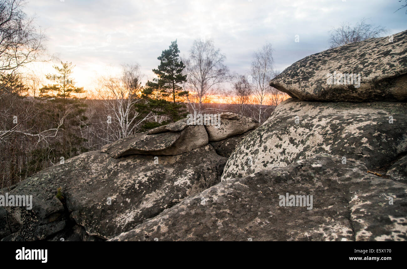 Vista de rocas y árboles al atardecer Foto de stock