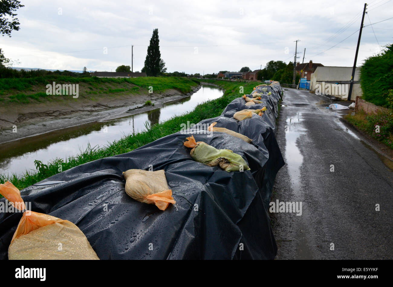 Burrowbridge, Somerset, Reino Unido. El 9 de agosto de 2014. El clima del Reino Unido: una llamada de emergencia para ayudantes locales para hacer más bolsas de arena para poner en marcha todo el puente y a lo largo de la carretera principal contrario, debido a la muy mala previsión meteorológica en movimiento. Crédito: Robert Timoney/Alamy Live News Foto de stock