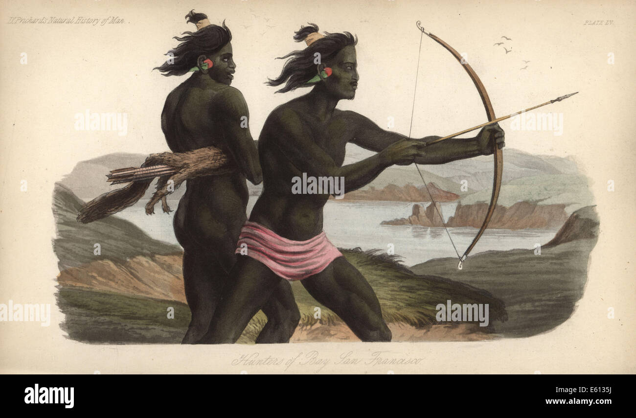 Los cazadores americanos nativos de la Bahía de San Francisco, del siglo XIX. Foto de stock