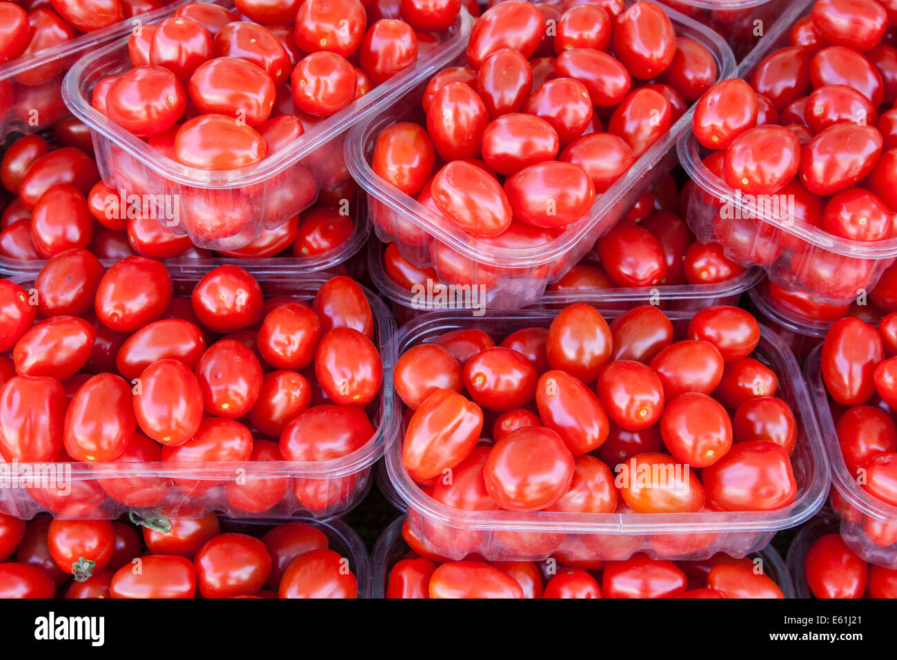 Close-up de tomates en bandejas de plástico apilados para su venta en un puesto en el mercado. Foto de stock