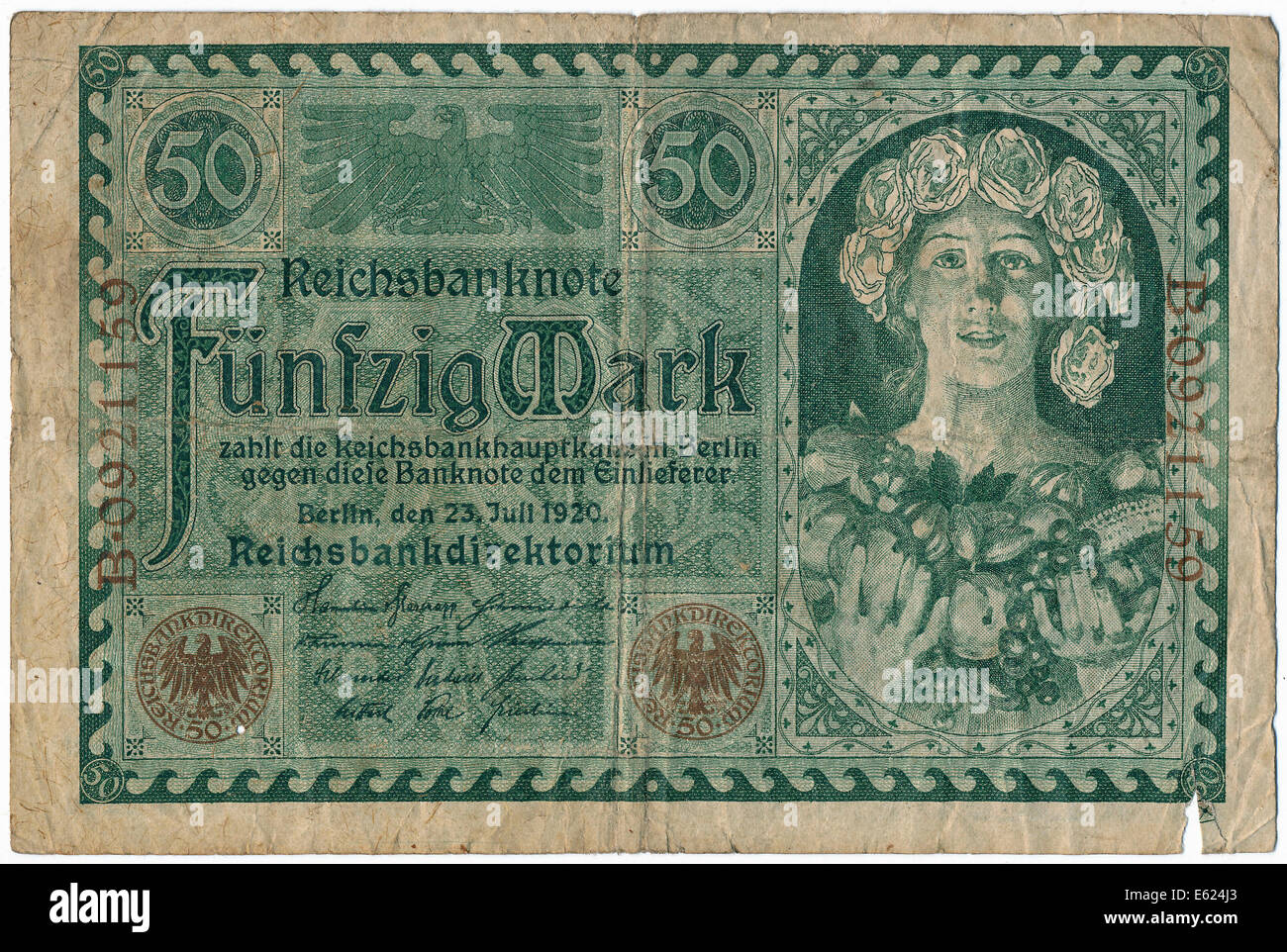 Los billetes viejos, 50 marcas, delantero, Alemán Reichsbanknote, 1920 Foto de stock