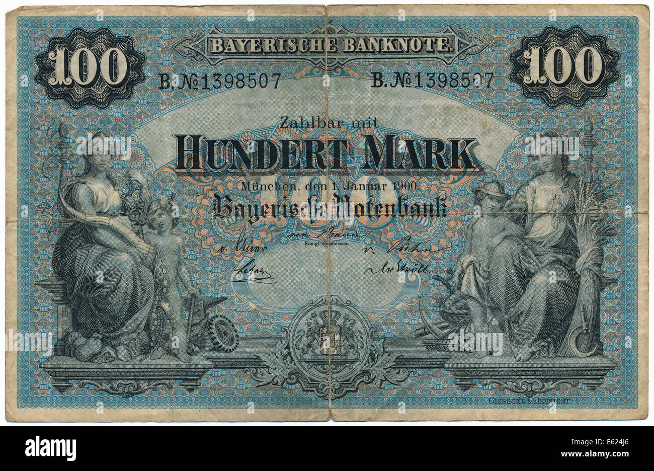 Los billetes viejos, 100 marcas, frontal, Bayerische Notenbank, Baviera, 1900 Banco Central Foto de stock