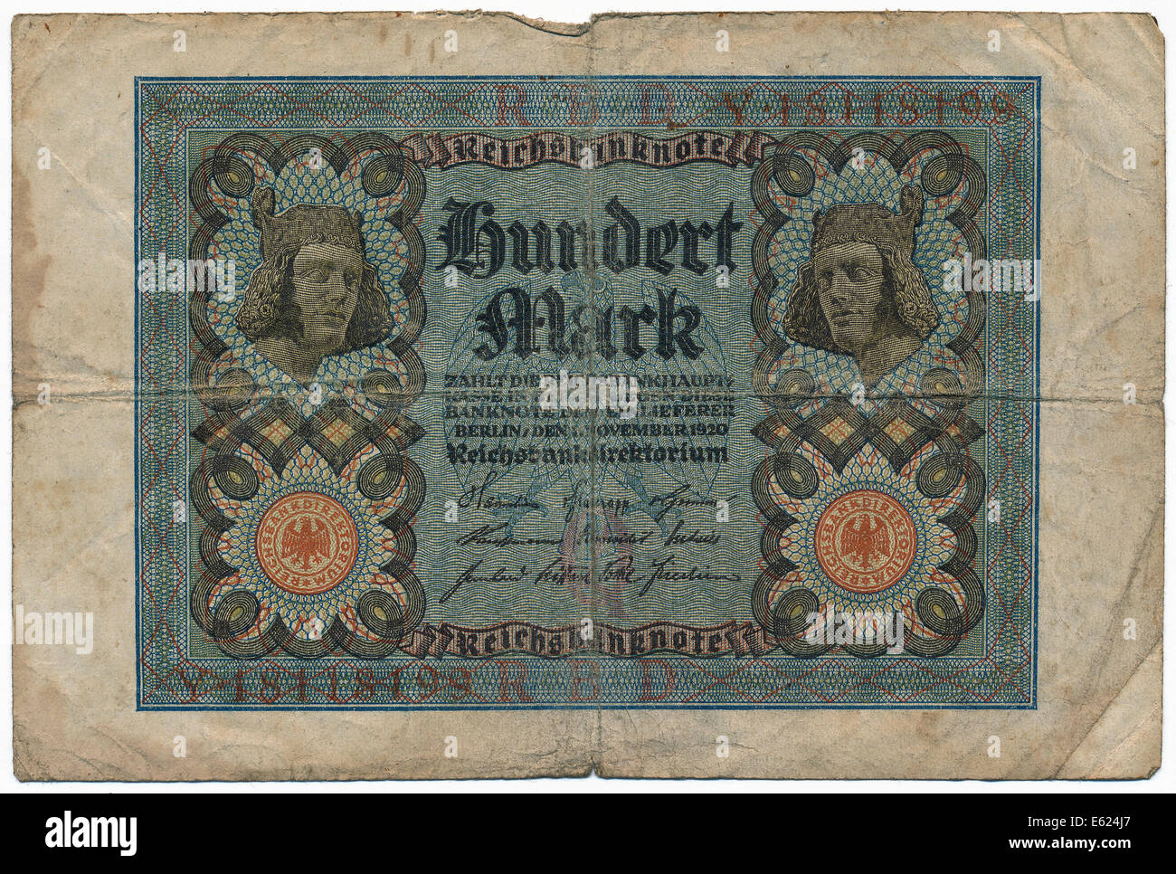 Los billetes viejos, 100 marcas, delantero, Alemán Reichsbanknote, 1922 Foto de stock