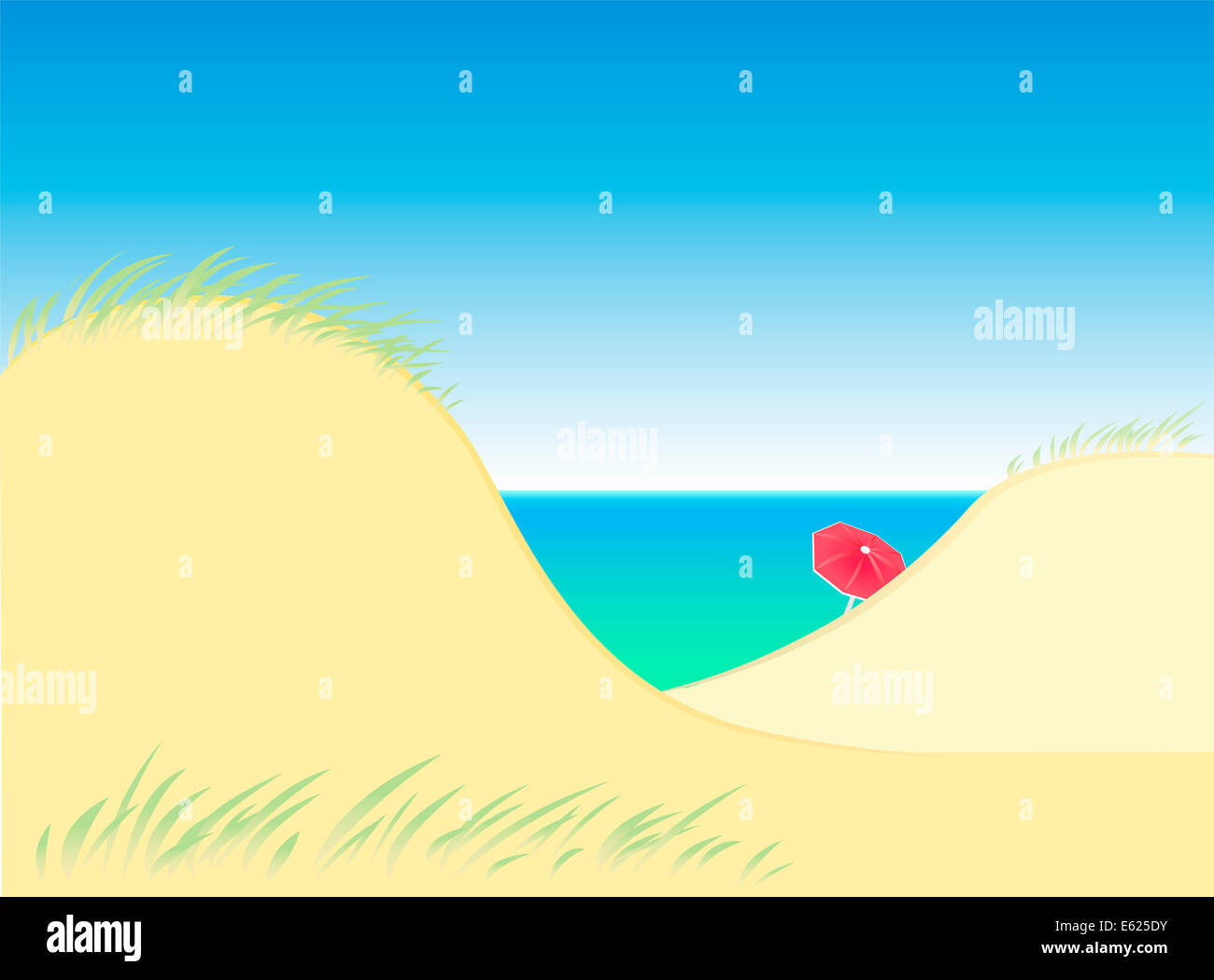 Dunas de arena en el mar con un solitario sombrilla roja. Foto de stock