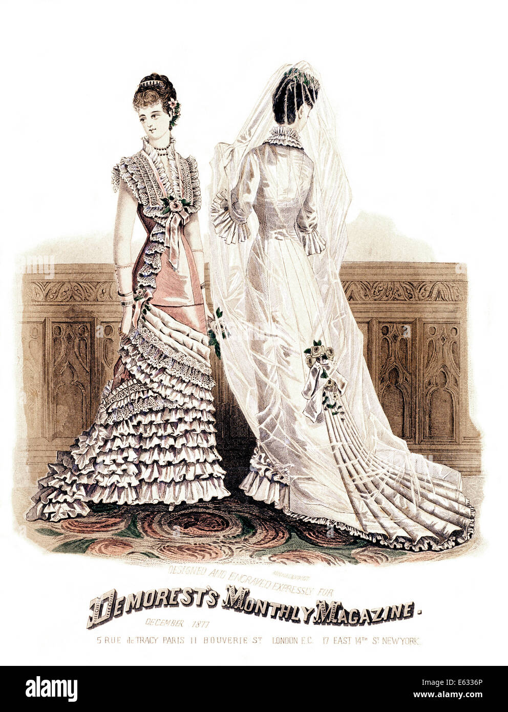 1800 1870 Diciembre 1877 Placa de moda vestidos de fiesta mujeres revista  mensual del DEMOREST Fotografía de stock - Alamy