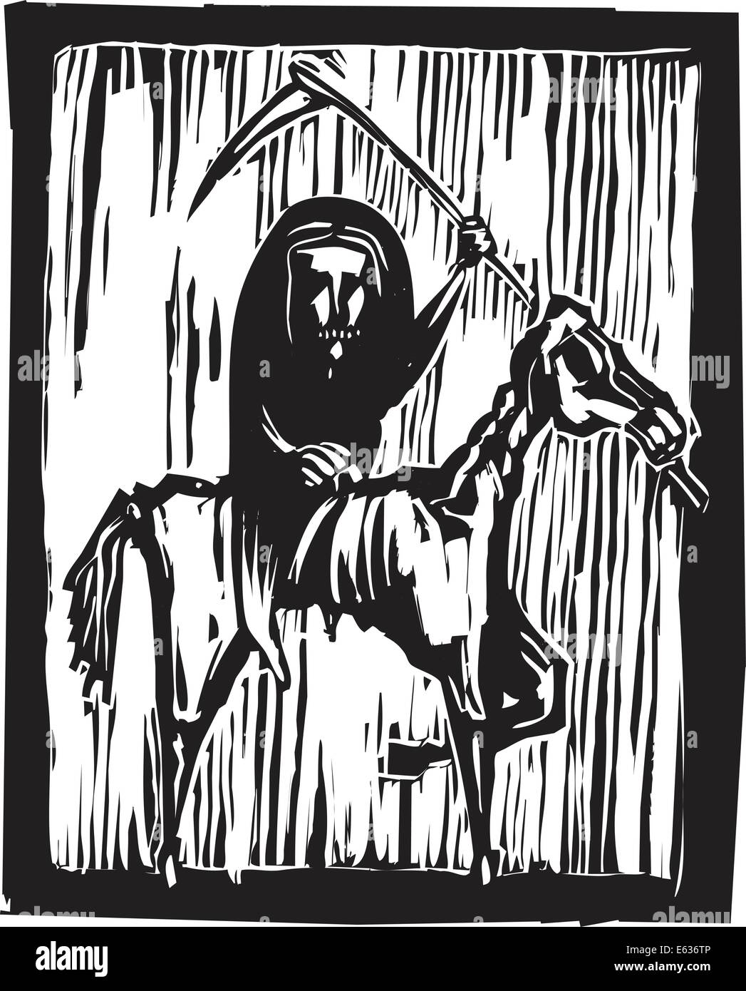 Guadaña jinete o hambrunas, montando un caballo esqueleto Ilustración del Vector