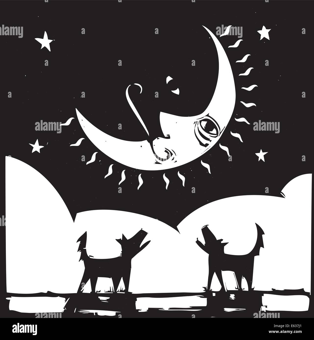 Dos solitarias perros aullando a una luna creciente con una cara. Ilustración del Vector