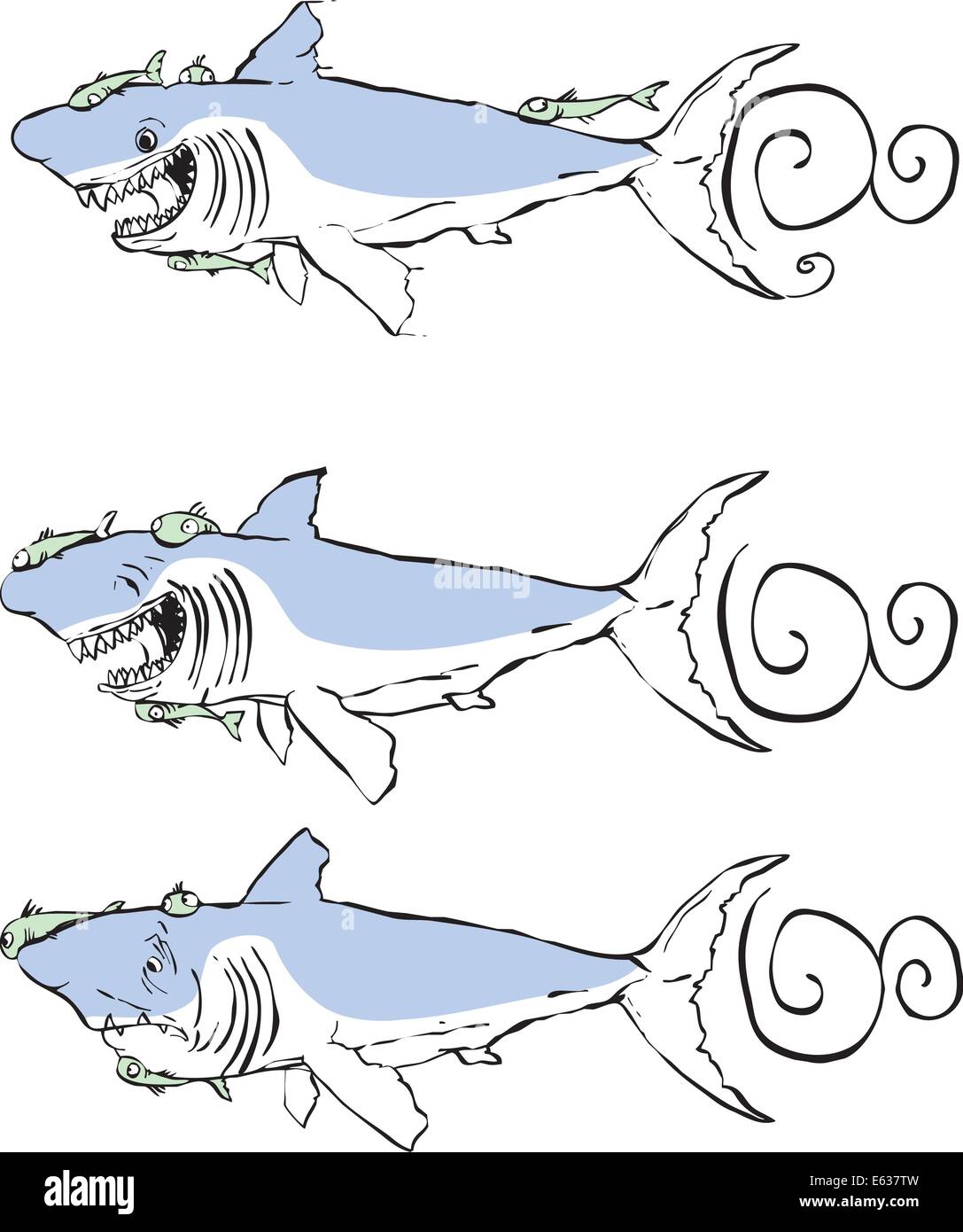 Tres grandes tiburones blancos con diferentes expresiones. Ilustración del Vector