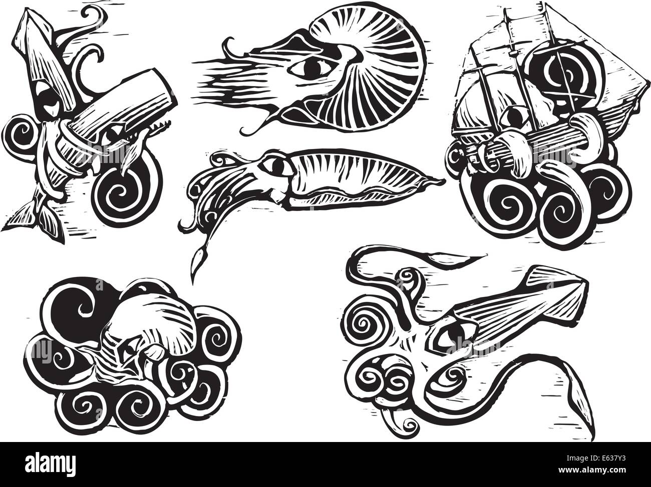 Grupo de animales acuáticos con calamares, nautilus, sepias y pulpos en xilografía retro imagen. Ilustración del Vector
