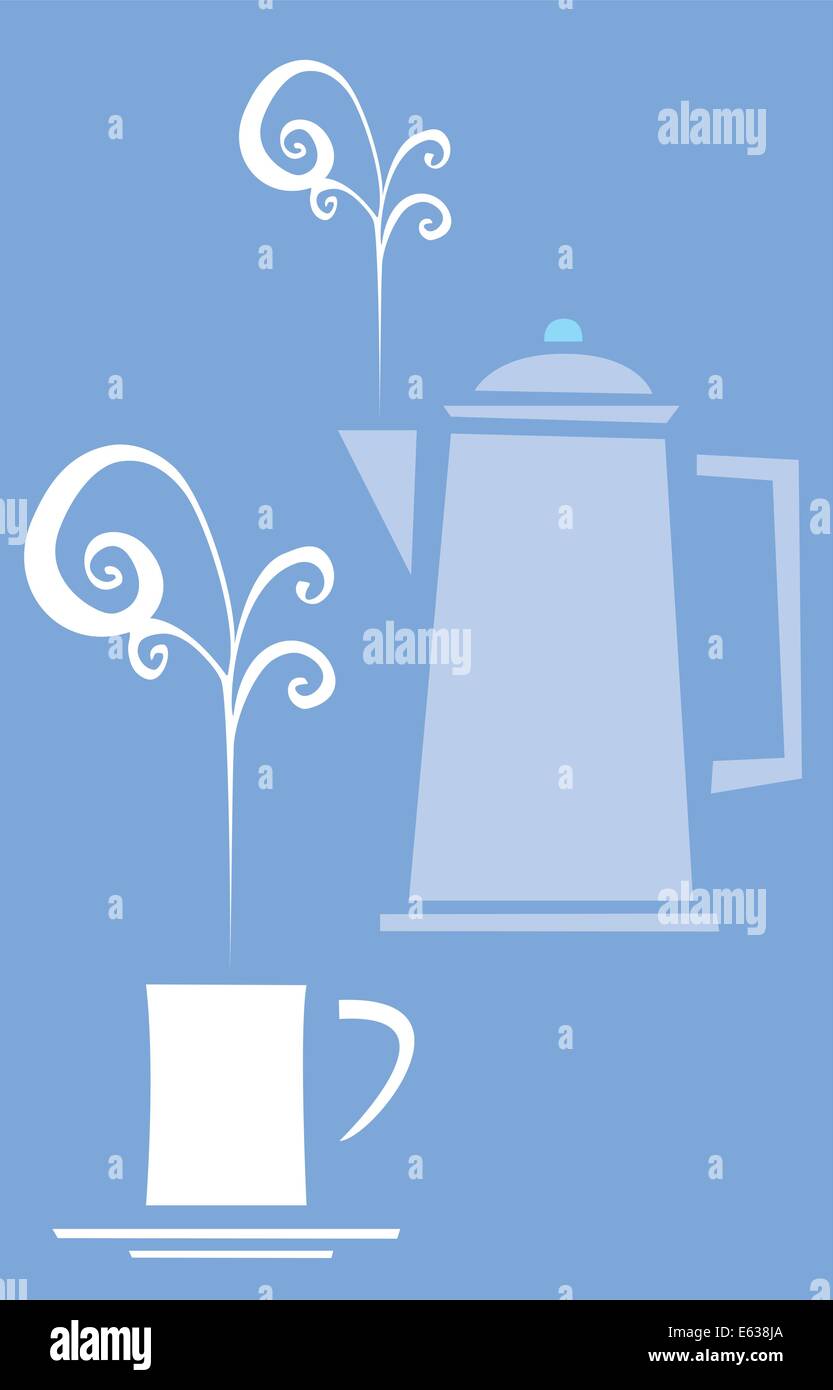Imagen negativa taza de café y la olla con estilo años setenta remolinos. Ilustración del Vector
