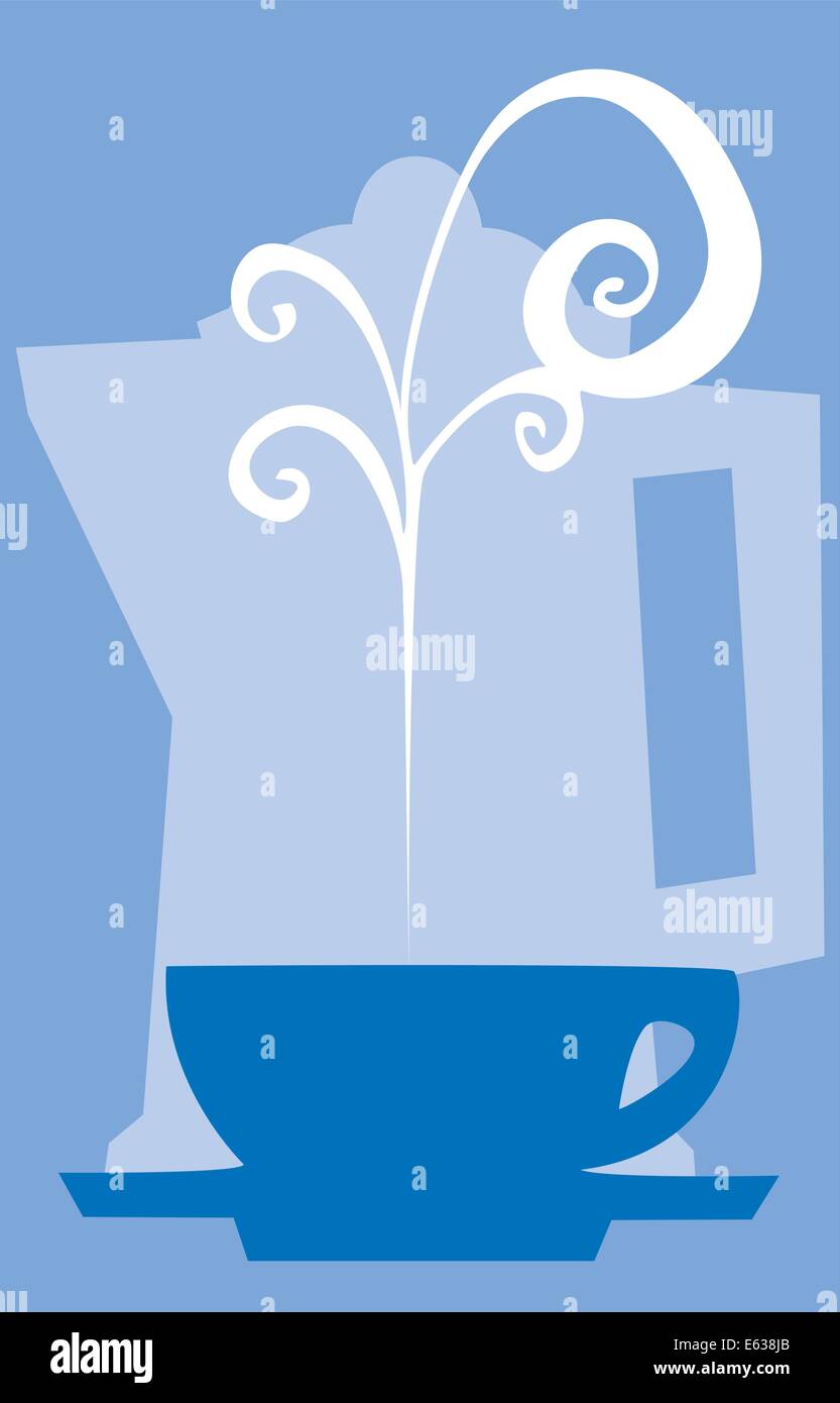 Imagen negativa y la taza de café de olla con estilo años setenta remolinos. Ilustración del Vector