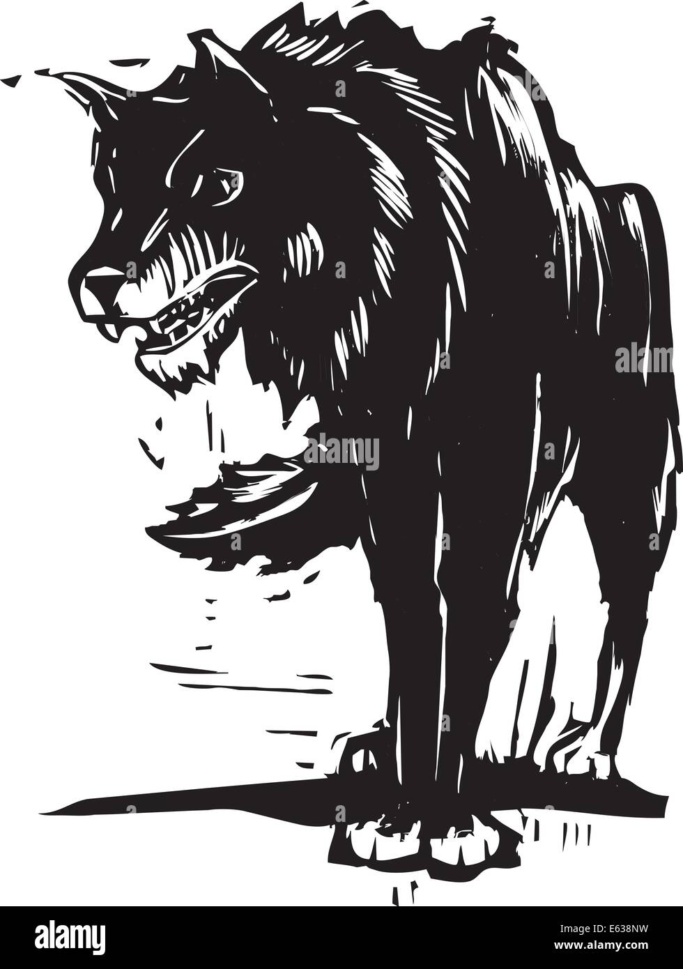 Xilografía imagen de estilo de un big Black Wolf. Ilustración del Vector