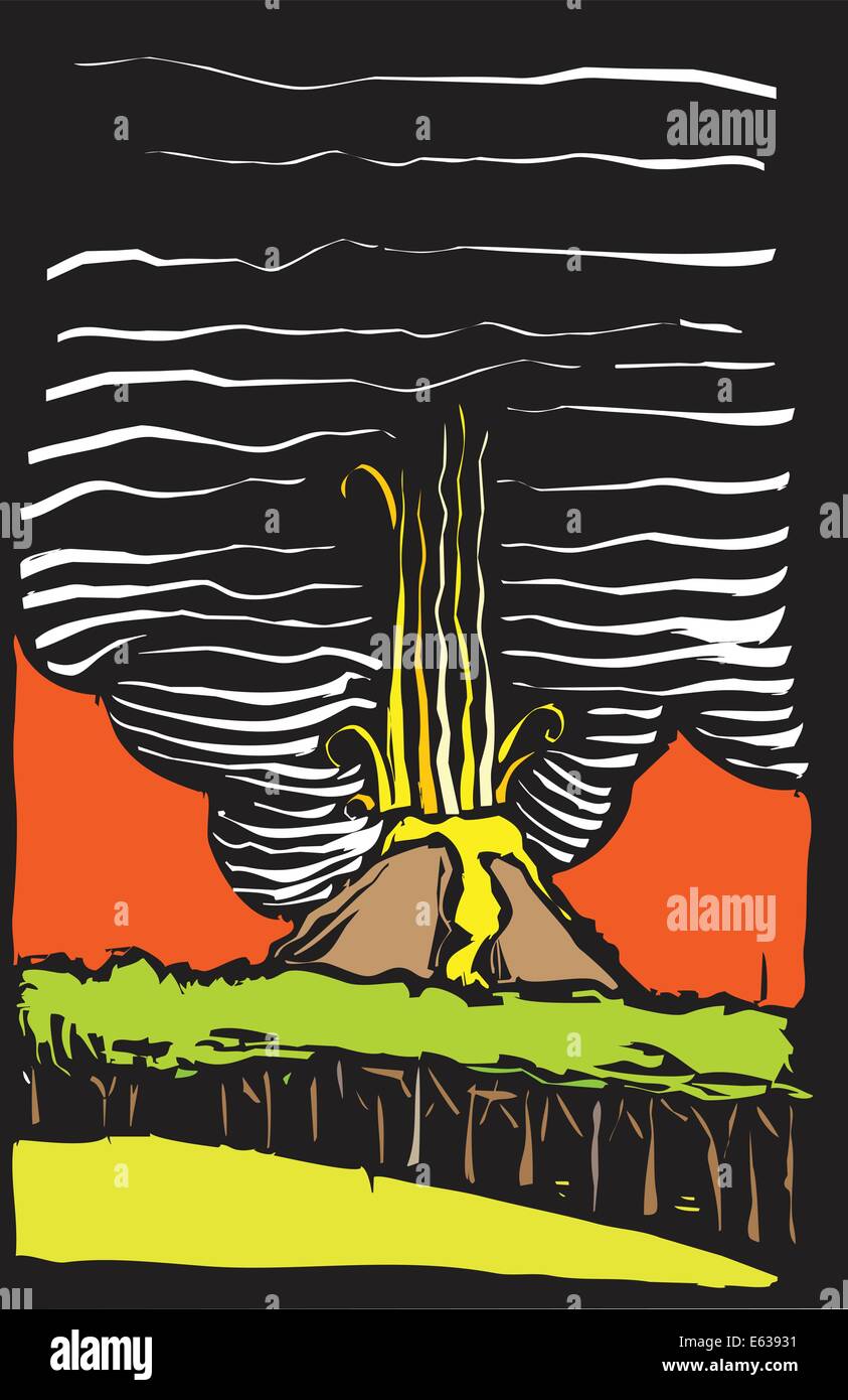 Imagen en color en xilografía estilo de un volcán en erupción. Ilustración del Vector