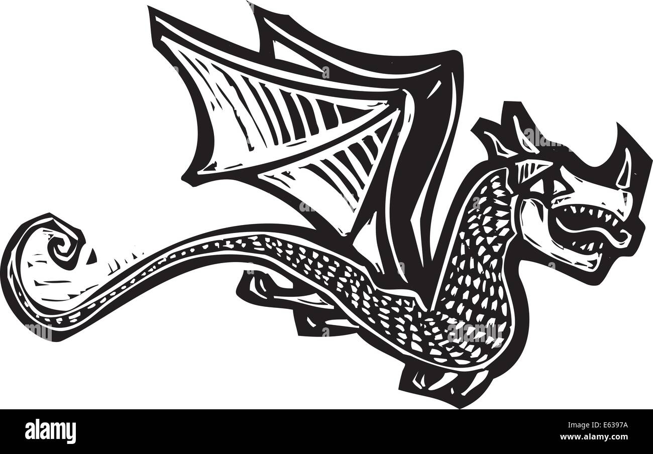 Xilografía imagen de un único dragón. Ilustración del Vector