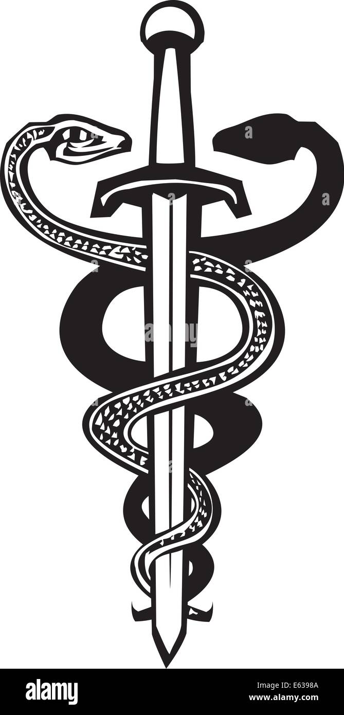 Variante de la xilografía imagen del caduceo con dos serpientes entrelazadas alrededor de una espada. Ilustración del Vector