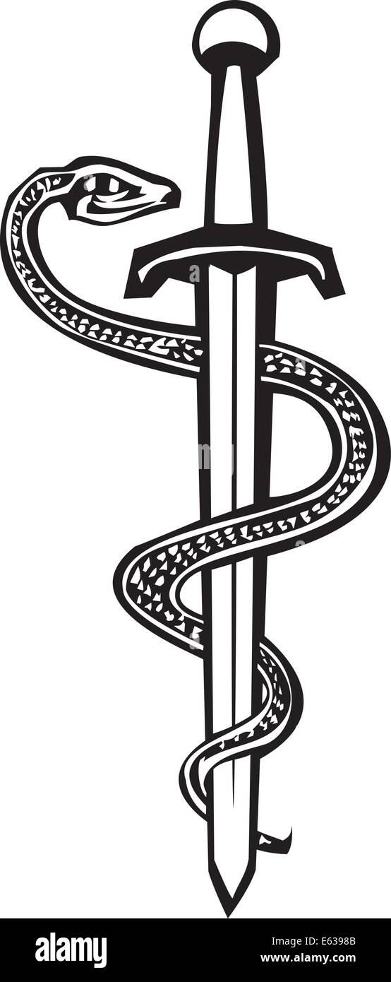 Variante de la xilografía imagen de la Vara de Esculapio con la serpiente  enrollada alrededor de una espada Imagen Vector de stock - Alamy