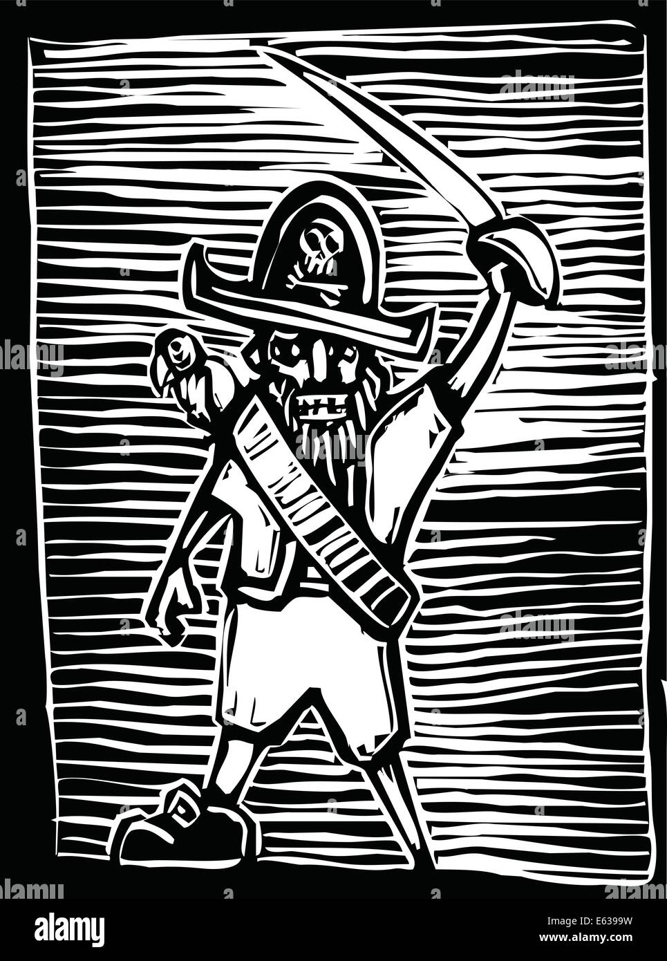 Capitán pirata en una xilografía estilo con loros y espada. Ilustración del Vector