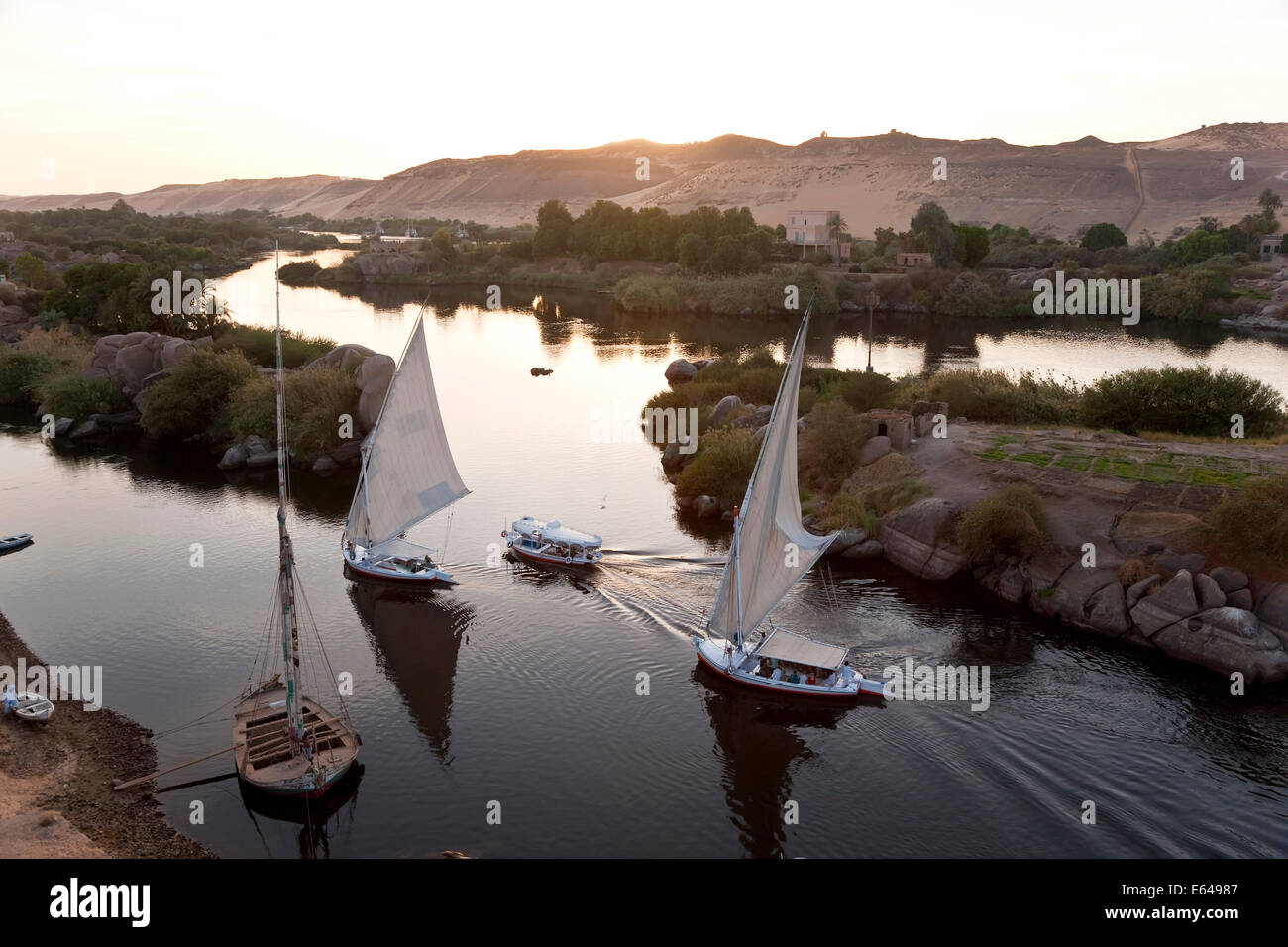 Veleros en faluca por el río Nilo, en Asuán, Egipto Foto de stock