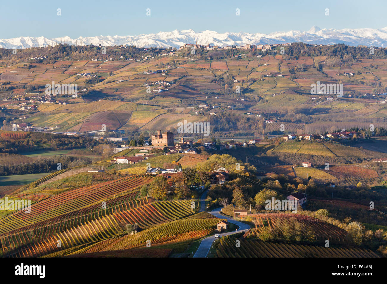 Los viñedos y el Castillo de Grinzane Cavour, distrito de Cuneo, Langhe, nr Alba, Langhe, Piamonte (o Piemonte o Piemonte), Italia Foto de stock