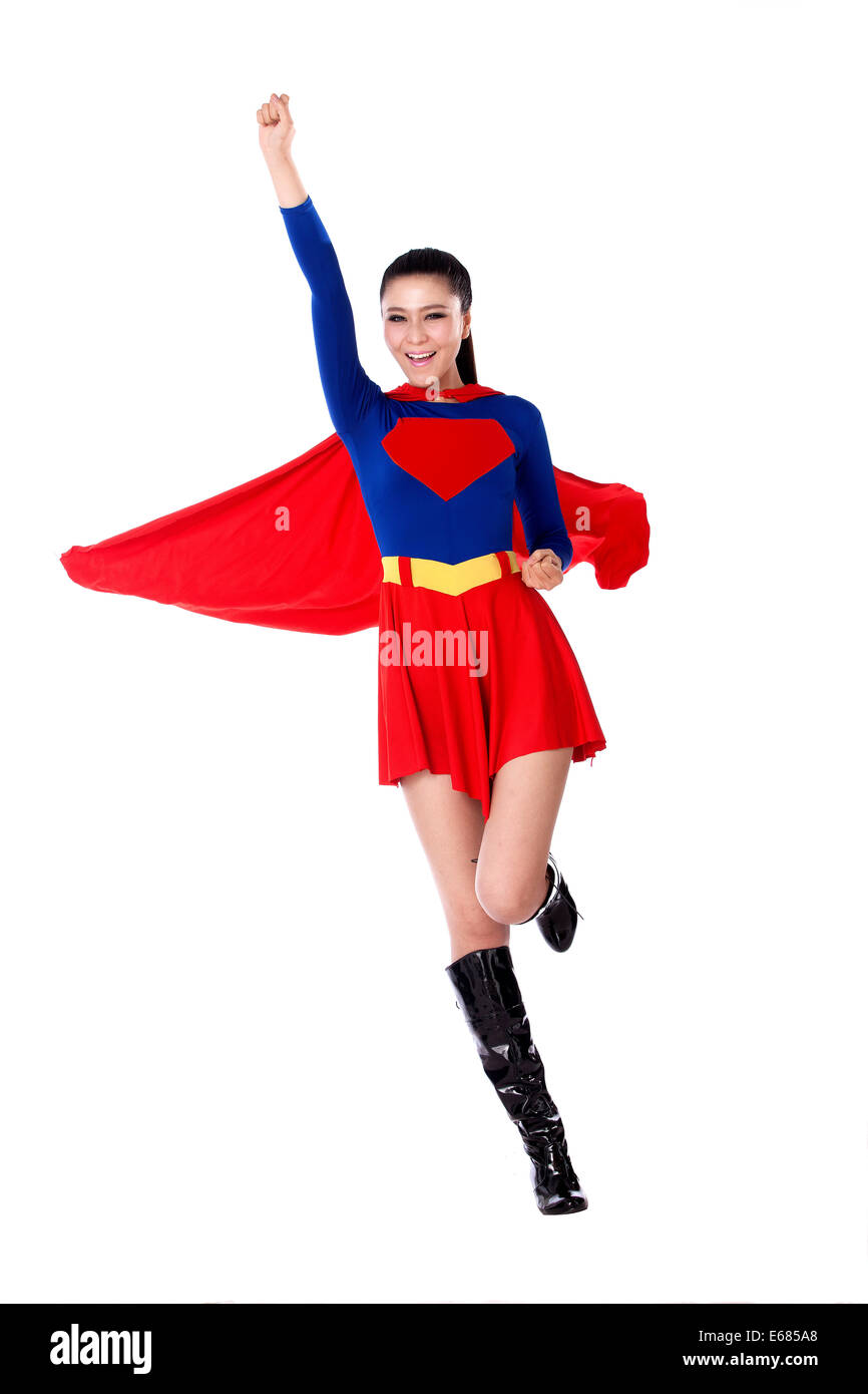 caravana Química robo Mujer joven en traje superman Fotografía de stock - Alamy