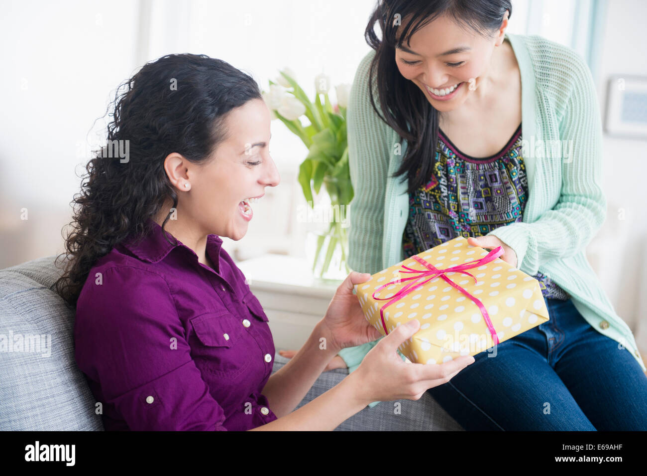Mujer dando a amigo regalo de cumpleaños Foto de stock