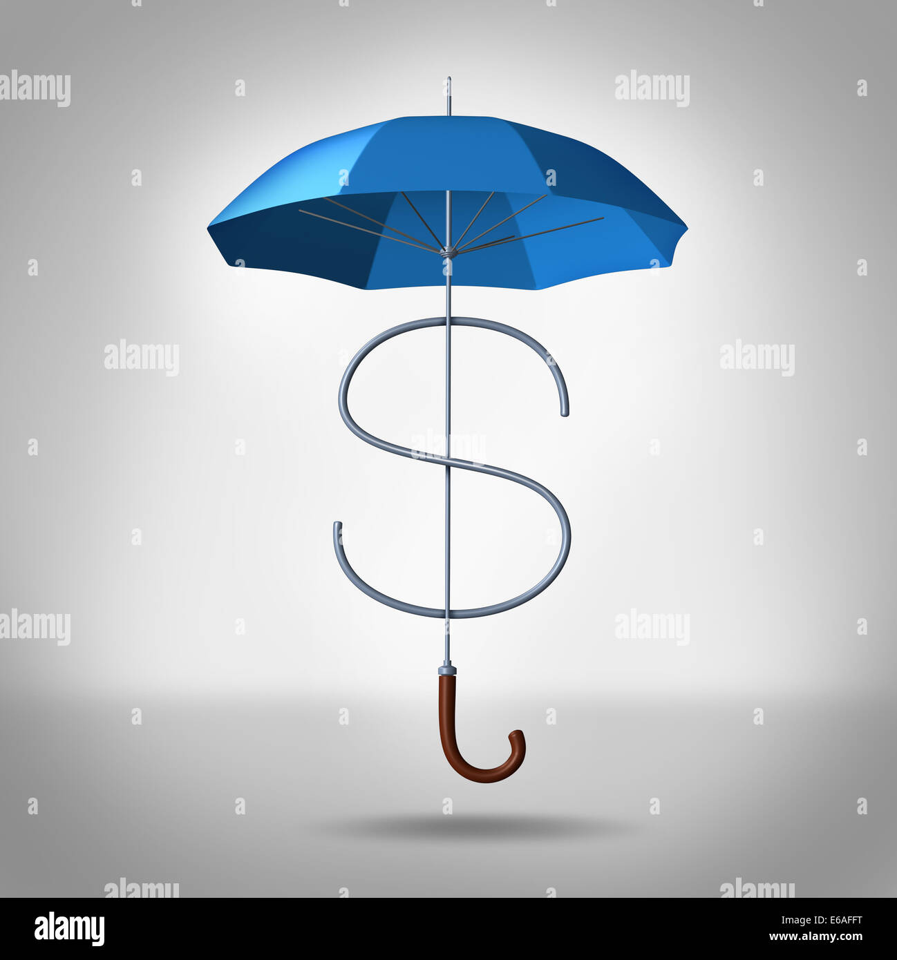 El Tax Shelter y los costos de la seguridad financiera y empresarial como un concepto tridimensional en forma de paraguas como un símbolo de dólar como un icono para protección de financiar los gastos y la protección contra las tasas. Foto de stock