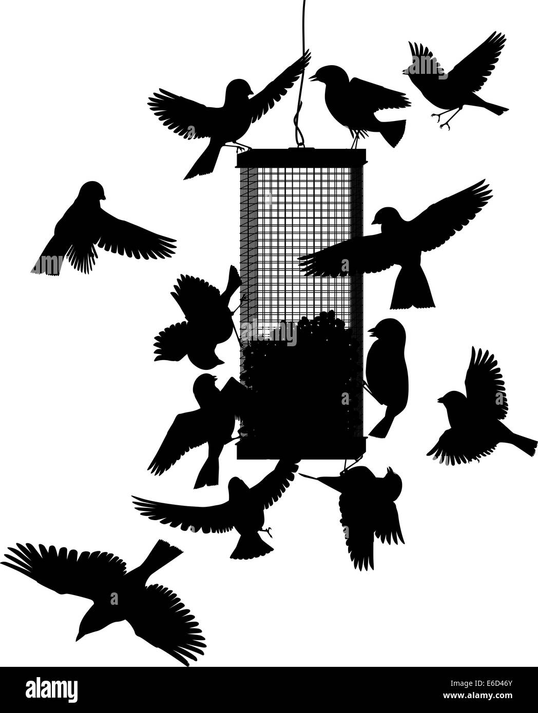 Vectorial Editable siluetas de aves en un alimentador colgante con todas las aves como objetos separados Ilustración del Vector