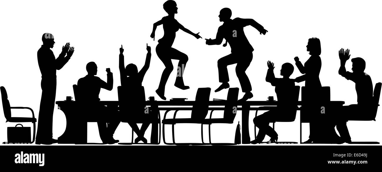 Editable siluetas vectoriales de personas de negocios celebrando en una reunión bailando en la mesa con todos los elementos como independientes ob Ilustración del Vector