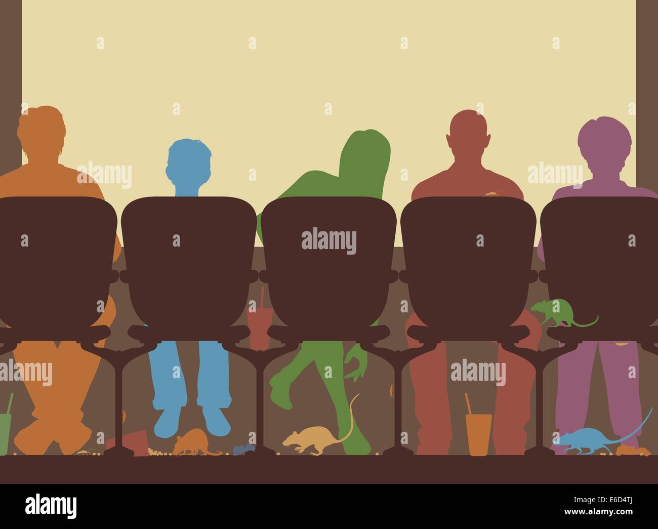 Ilustración vectorial editable de personas en una sala de cine con basura y ratas en el piso Ilustración del Vector