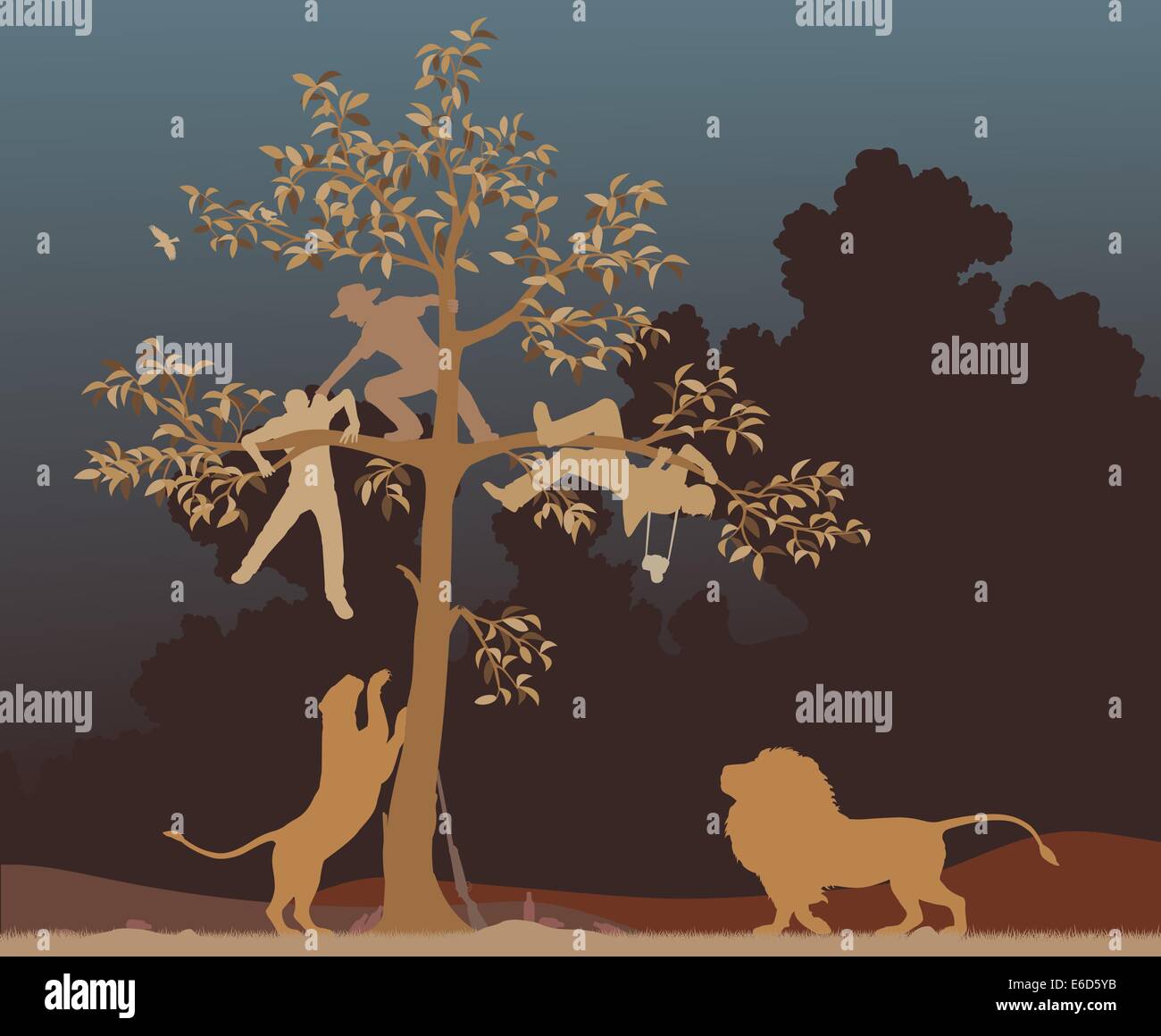 Ilustración vectorial editable de tres hombres persiguieron a un árbol por un par de leones Ilustración del Vector