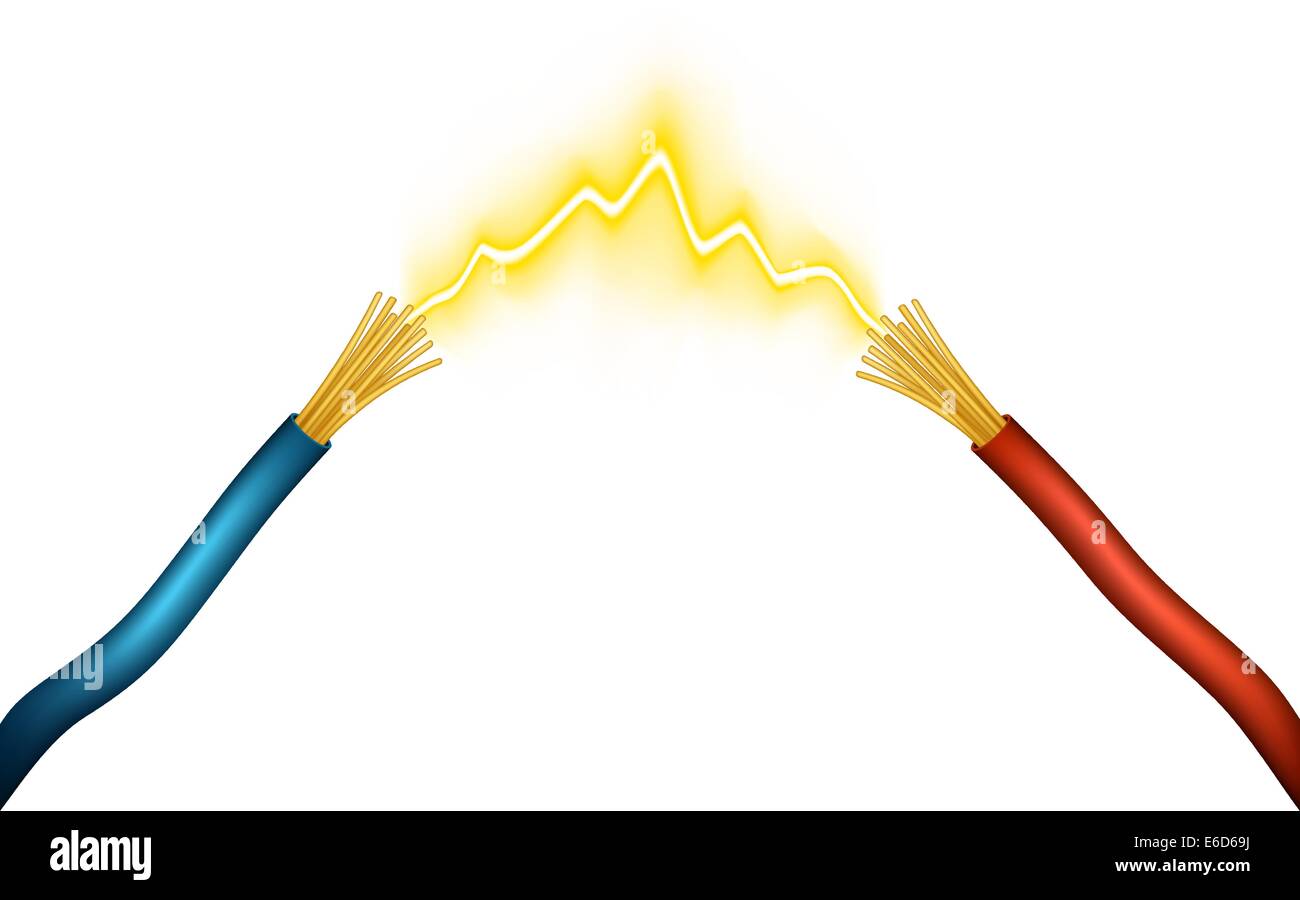 Ilustración vectorial editable de una chispa eléctrica entre los cables positivos y negativos realizados mediante mallas de degradado Ilustración del Vector