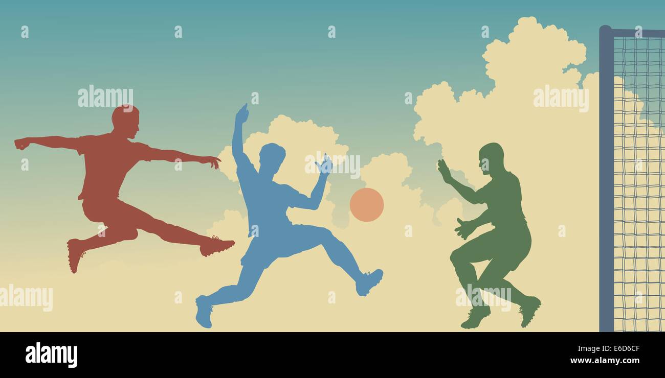 Siluetas coloridas vectorial editable de acción en un partido de fútbol Ilustración del Vector