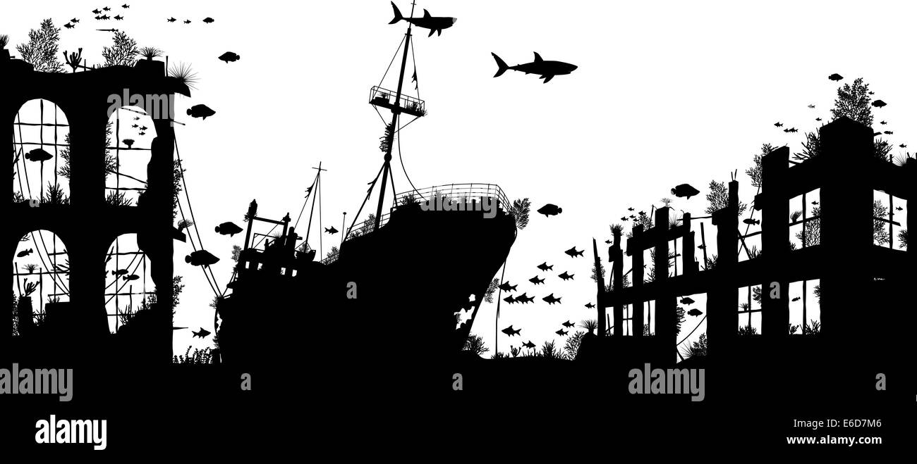 Vectorial Editable silueta en primer plano de la vida marina alrededor de un naufragio y las ruinas de la ciudad submarina Ilustración del Vector