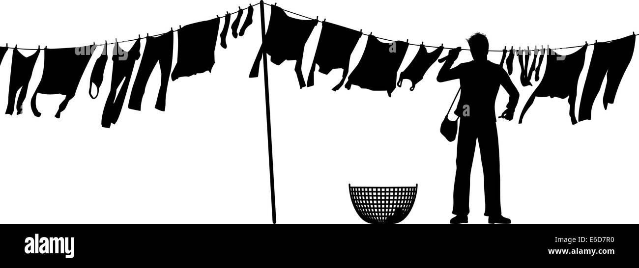 Silueta vectorial editable de un hombre con ropa colgada en una línea de lavado Ilustración del Vector