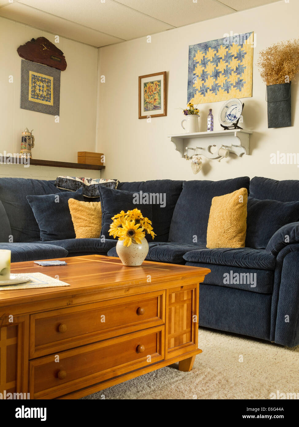 Habitación familiar equipada con cómodos sofás y una mesa de café, EE.UU. Foto de stock
