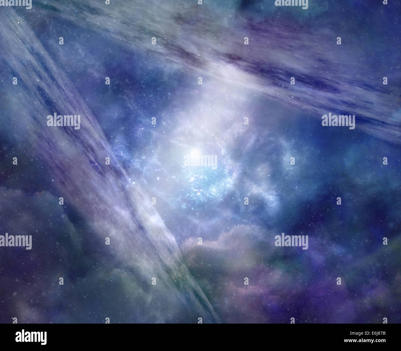 Universo paralelo - fondo azul Deep Space mostrando dos aviones galaxy uno enfrente del otro, conectados por un eje de la luz Foto de stock