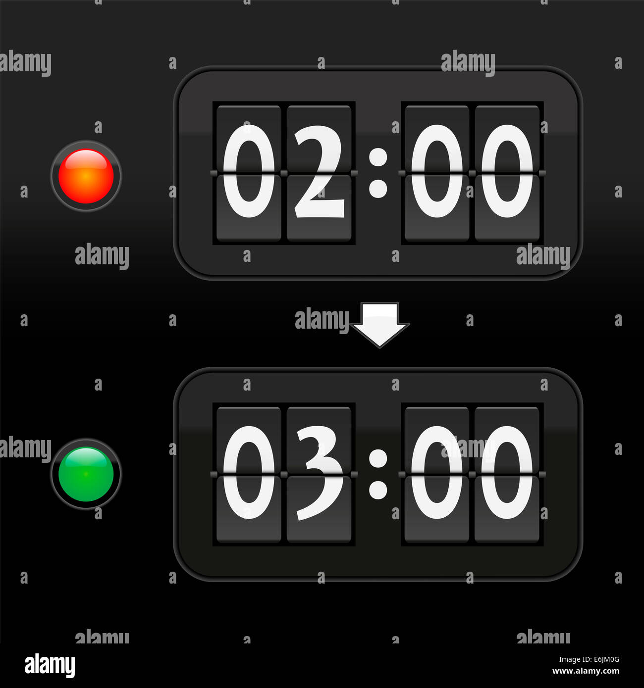 Ponga el reloj una hora adelante al horario de verano en la primavera de dos a tres horas, representado con 2 pantallas de tiempo digital. Foto de stock
