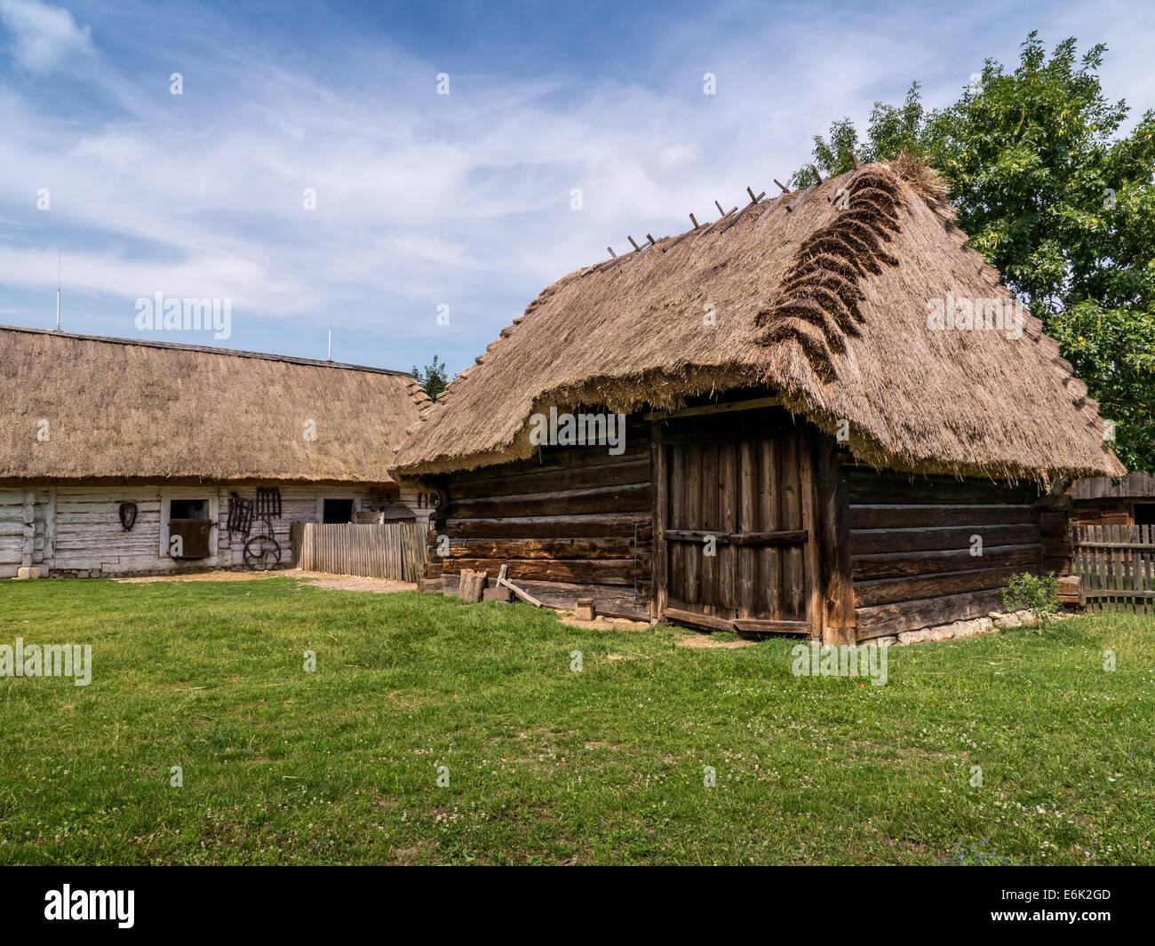 Típica alquería polaco de estilo antiguo con techos de paja. Foto de stock