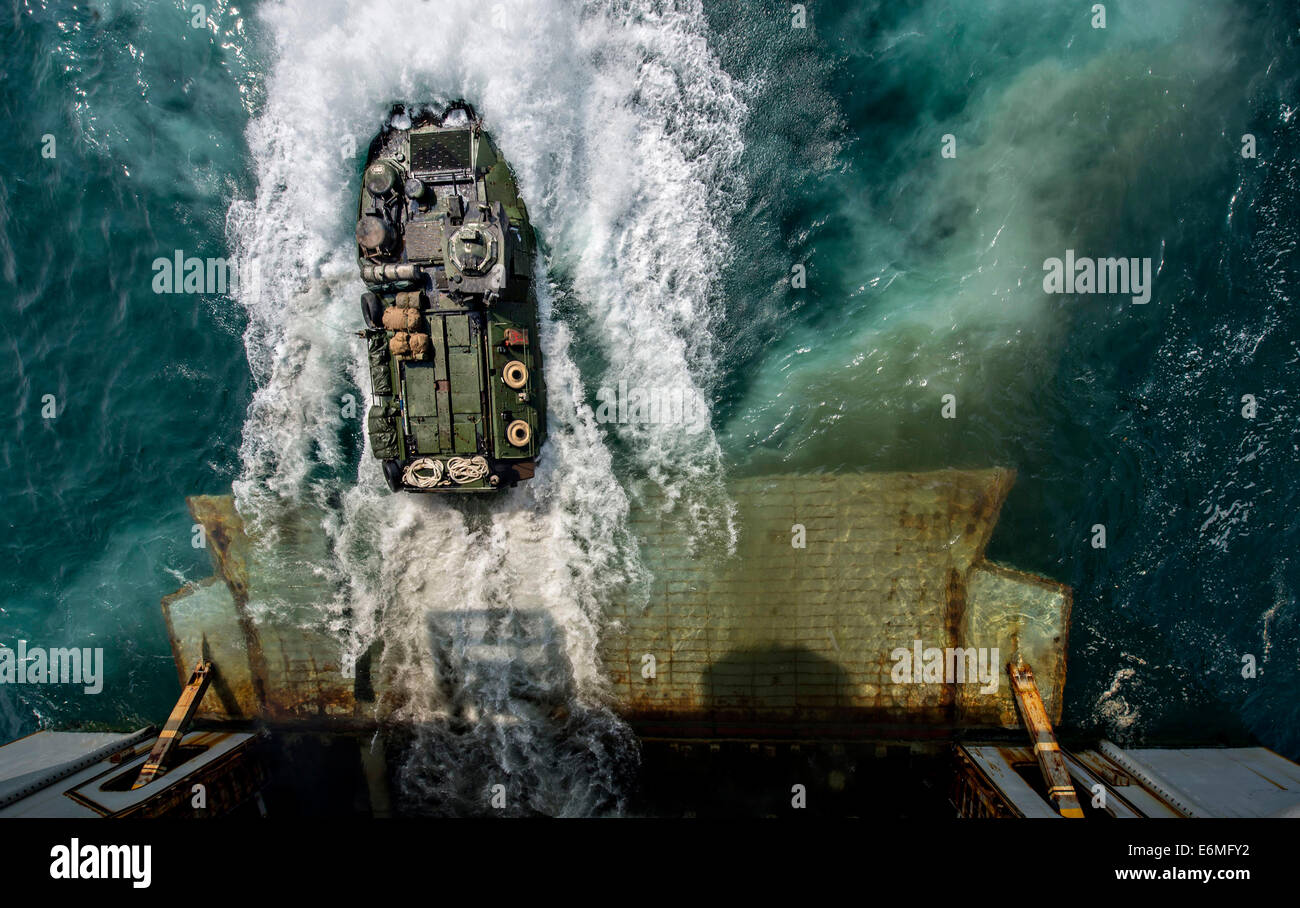 Los Marines en un vehículo de asalto anfibio así salir de la cubierta del buque de asalto anfibio USS Bataan durante las operaciones, 24 de agosto de 2014 en el Mar Arábigo. Foto de stock